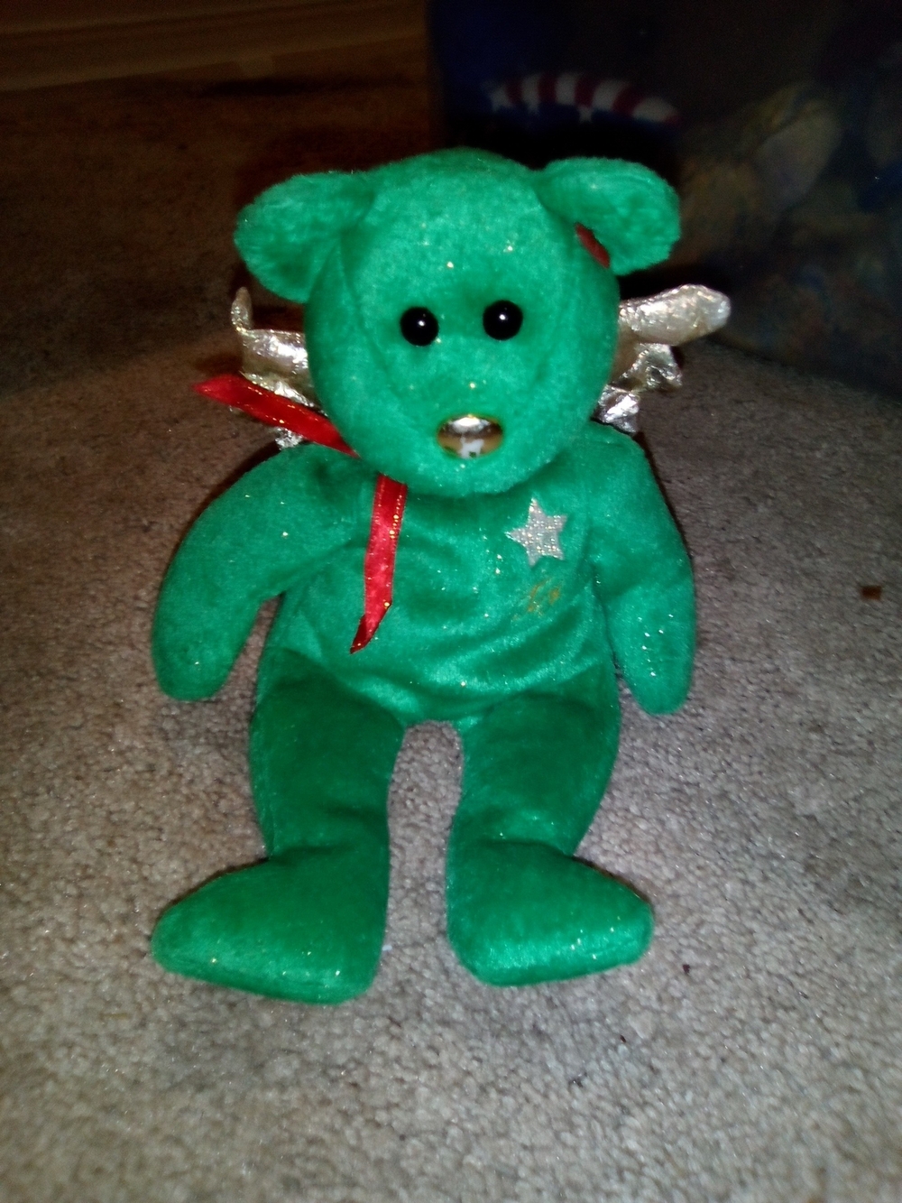 Ty Green Plush Bear with Silver Wings and Red Ribbon Accent